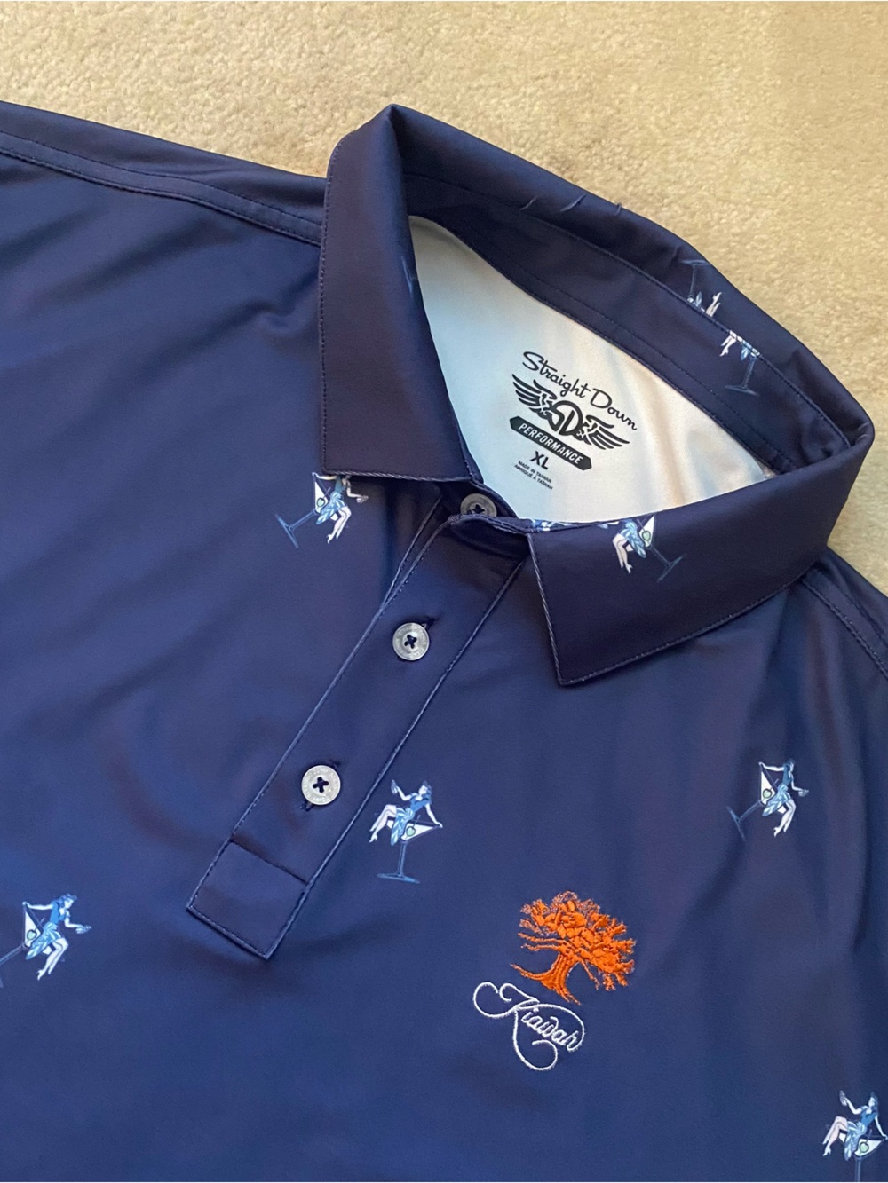 Straight Down Performance Golf Polo Shirt Blue Kiawah Ocean Course Martini Glass